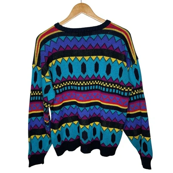 Vintage 90’s Chauvin Geometric Retro Turquoise Knit Sweater - Picture 8 of 8